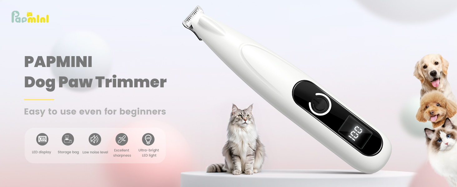 PAPMINI Безшумна машинка для стрижки котів з LED-дисплеєм, Type-C, акумулятор, бездротова когтерезка для котів, професійна машинка для стрижки лап, вух, обличчя, спини (біла)