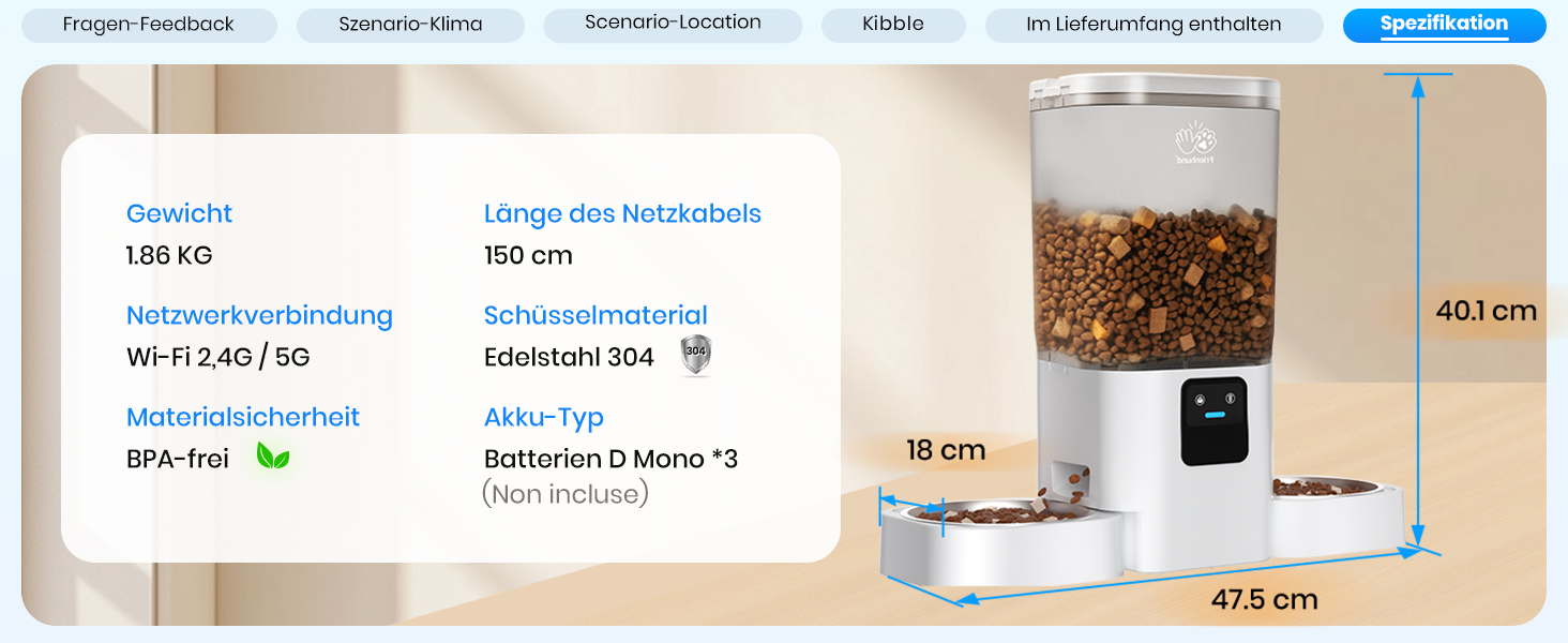 Автомат годування котів Frienhund з 2 мисками та APP: Wi-Fi, повільний дозування, 7л, для 2 котів, з Alexa, білий