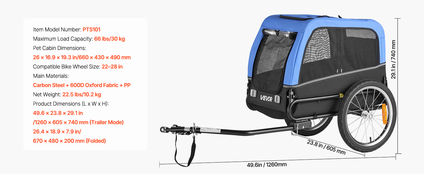 Фаркоп для собак VEVOR, до 30 кг, велосипедний причіп для собак, складаний, універсальний, з відбивачем та прапорцем