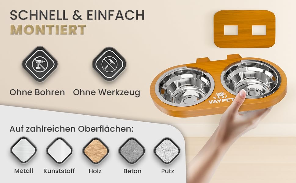 Підвищений годівниця для котів VAYPET® з силіконовим клеєм для кріплення на стіну без свердління. Плавучий годівниця для котів для зручного положення. Надійний годівниця з нержавіючої сталі білого кольору.