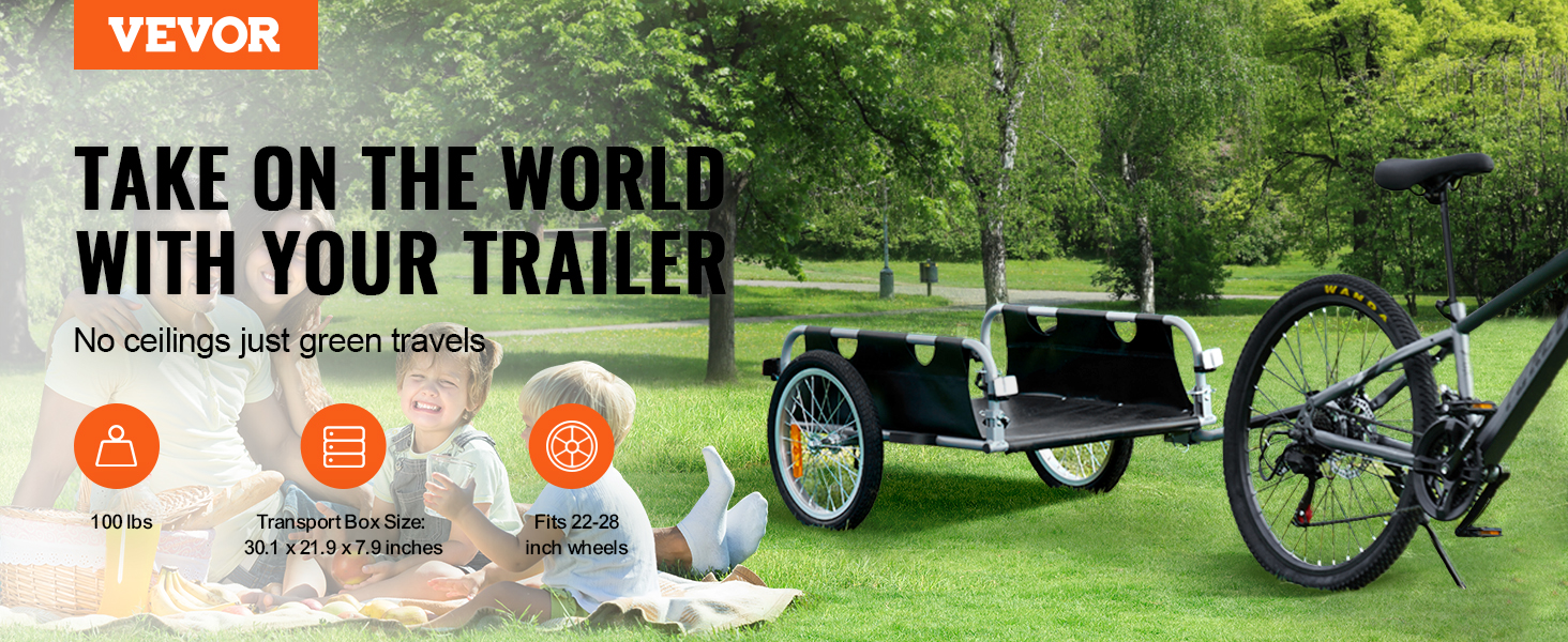 VEVOR Причіп для велосипеда, вантажопідйомність 88/100/72,6 кг, складаний, компактний, з універсальною муфтою, алюмінієвий каркас