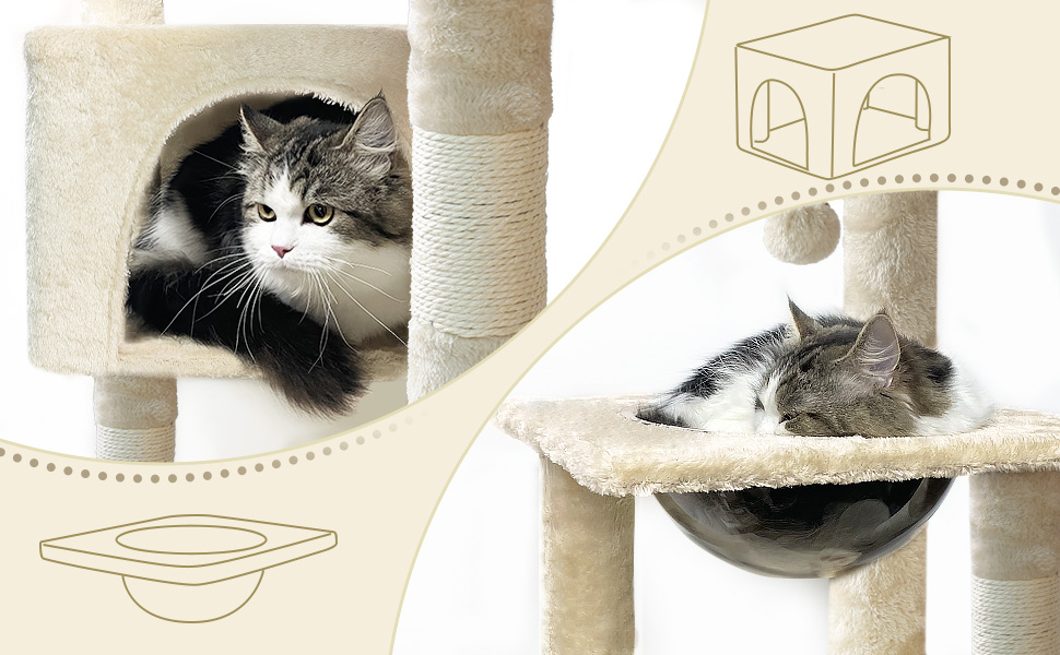 Когтеточка для котів Vounot XXL 215см, багатоярусна, з гамаком та корзиною, стабільна, сіра (бежева XL)