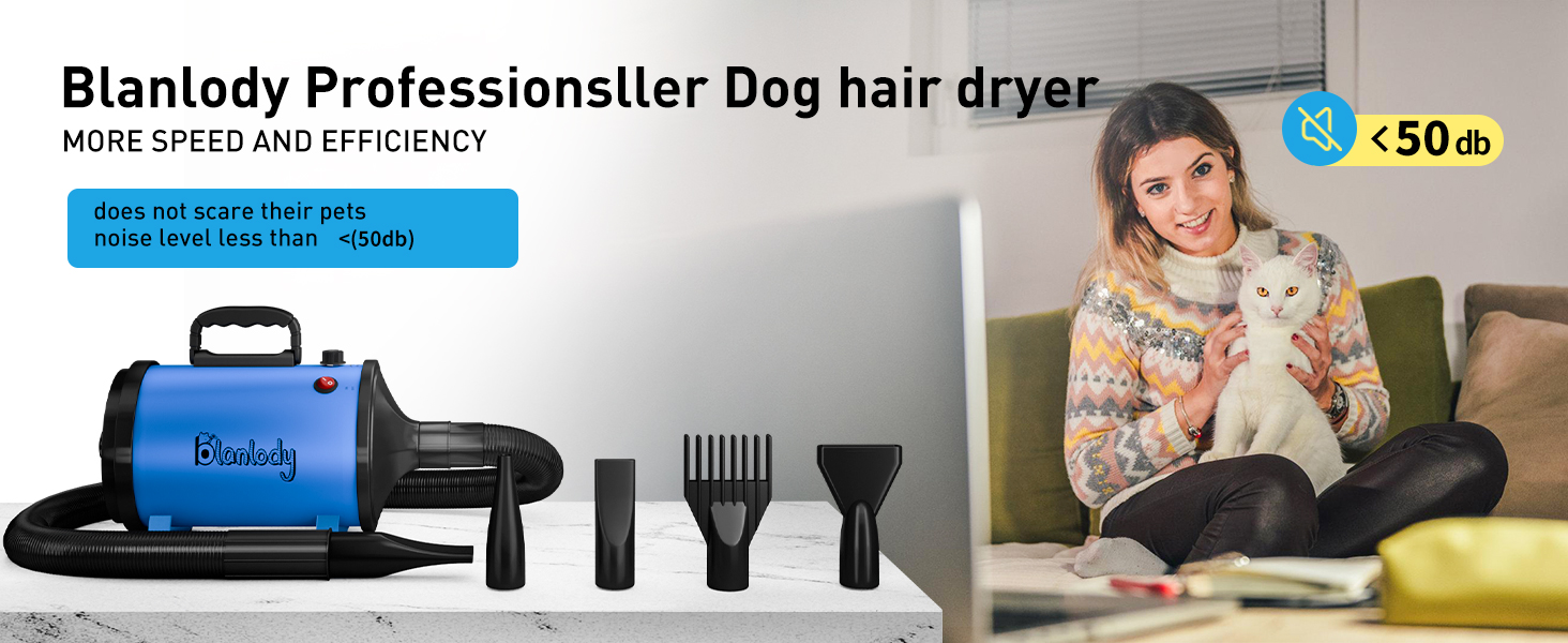 Фен для собак Blower - тихий, 4.5 PS / 3200W, регулювання швидкості, 4 насадки, синій