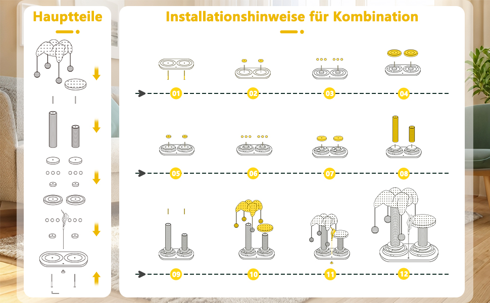 Інтерактивне котяче іграшкове комбо 6-в-1: дерев'яні меблі, кулі, пір'я, м'яч-трекер, котячий когтеточки з сизалю та джуту. Підходить для маленьких та середніх котів. Зелений колір.