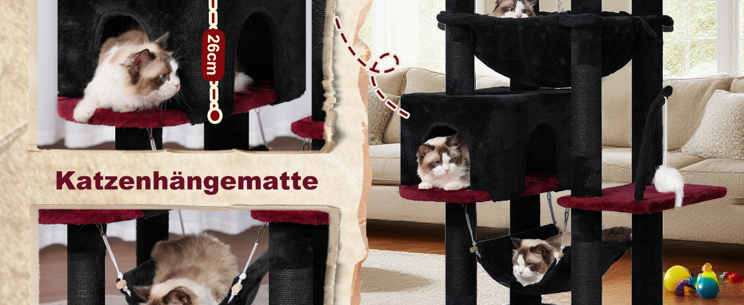 Великий котячий будиночок Kratzbaum: стабільний, 200 см, з платформами, печерами, гамаком та сизалевими стовпчиками (GCT031W, чорний та червоний)