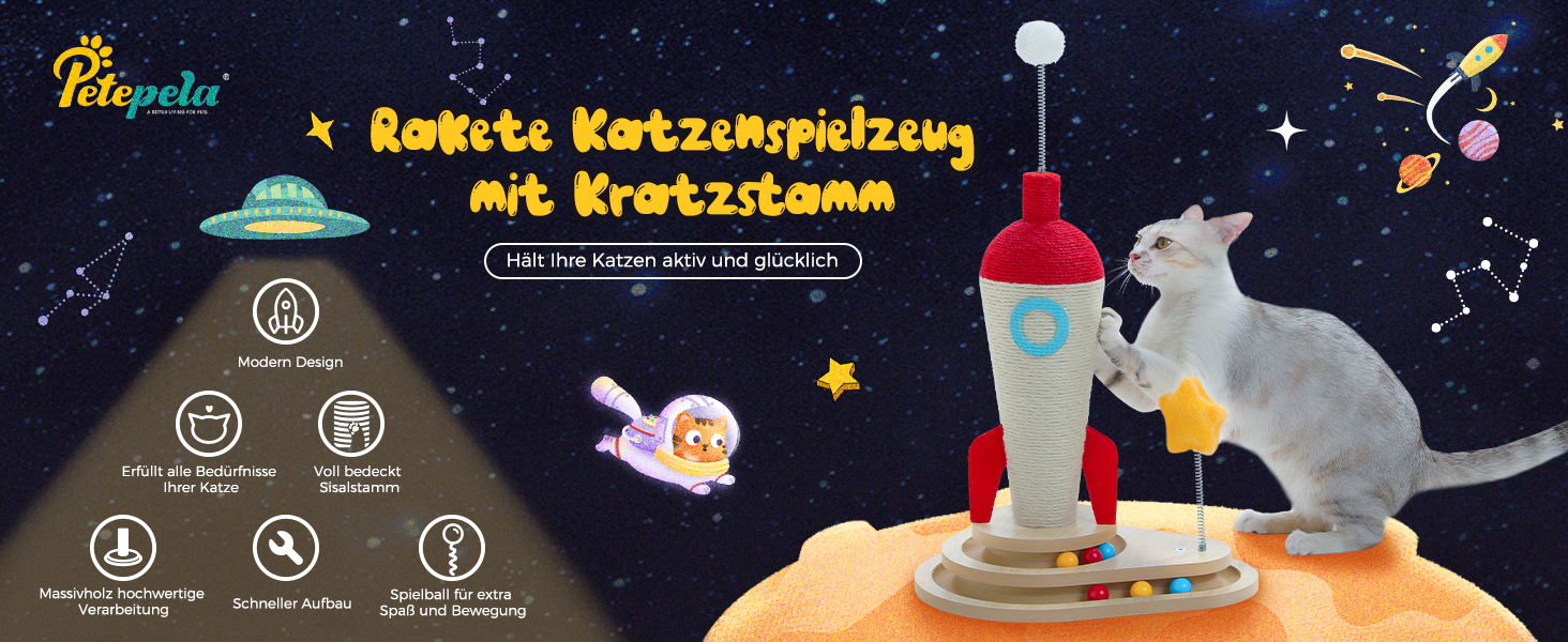 Інтерактивна іграшка для котів PETEPELA з подряпальним стовпчиком у формі ракети, кулькова траса, пір'їнка, з масиву дерева, багатофункціональна