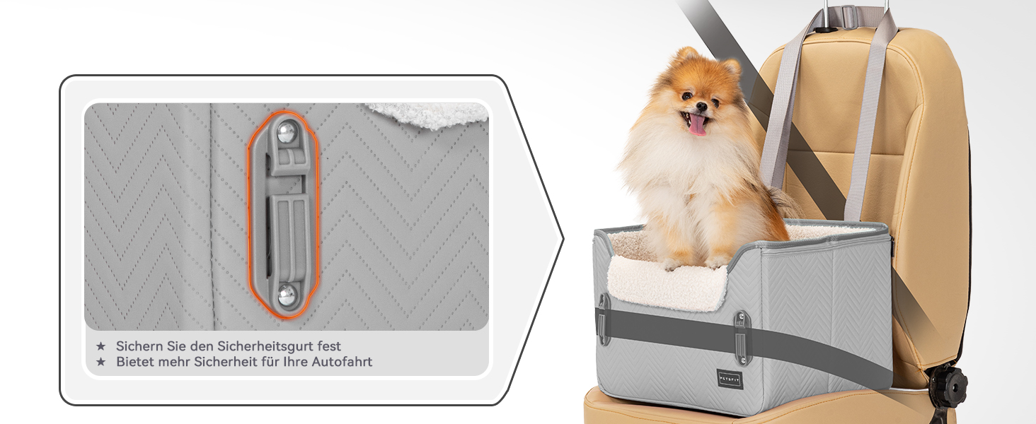 Автокрісло для собак Petsfit - стабільне та безпечне автокрісло для маленьких собак, з кріпленням для ременя безпеки, зручне ліжко-кошик з миючим плюшевим подушками, шкіряне сіре