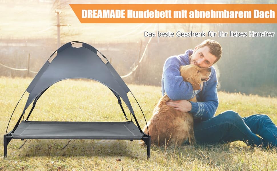 Підвищене лежак для собак DREAMADE XL з дахом, тканинний, для великих порід до 50 кг, для вулиці та дому