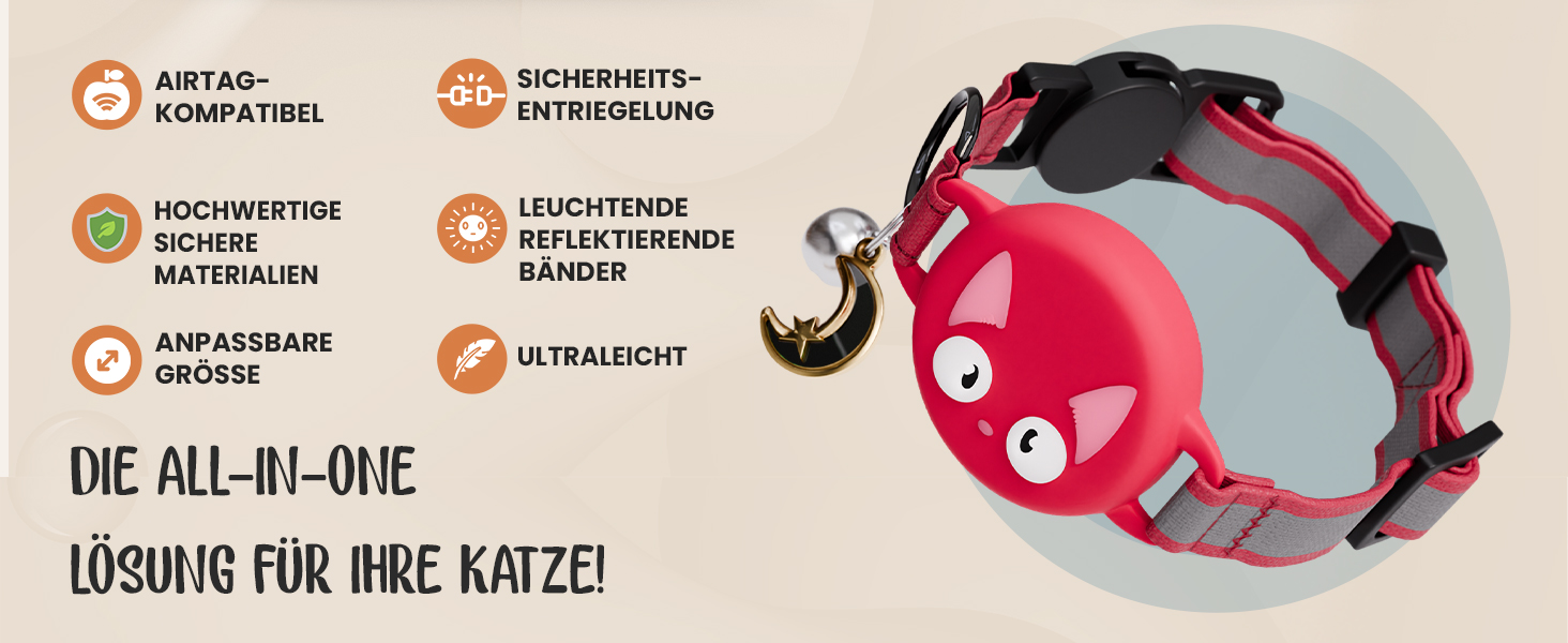 Нашийник для кота KittyTag з аксесуарами, сумісний з Apple Airtag, світловідбиваючий та світловий, GPS, з захистом від задушення, регульований (червоний)