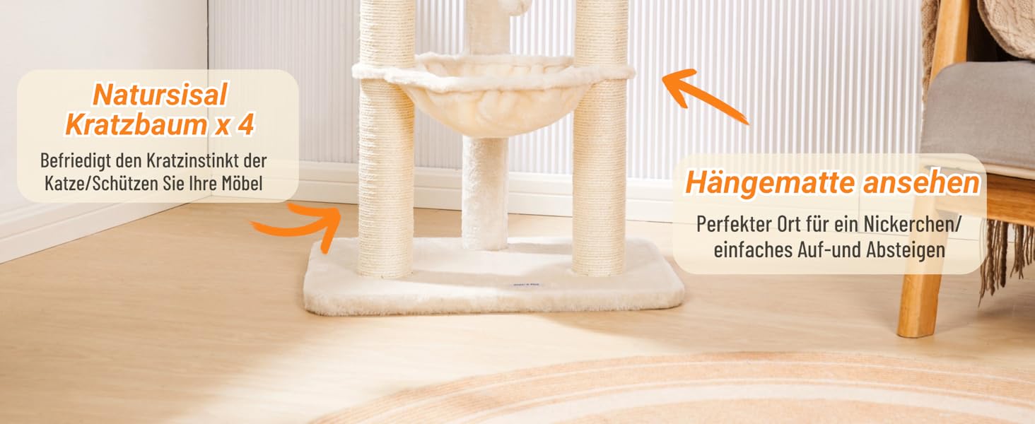 Драбина-кіготь для котів Happi N Pets 71 см, бежева: стабільна, з великим ліжком та гамаком, покриття з сизалю