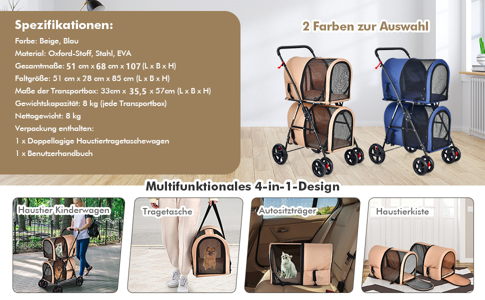 COSTWAY Двоповерховий візок для собак та котів, до 16 кг, з сітчастими віконцями, тримачем для напоїв та гаком для буксирування, блакитний