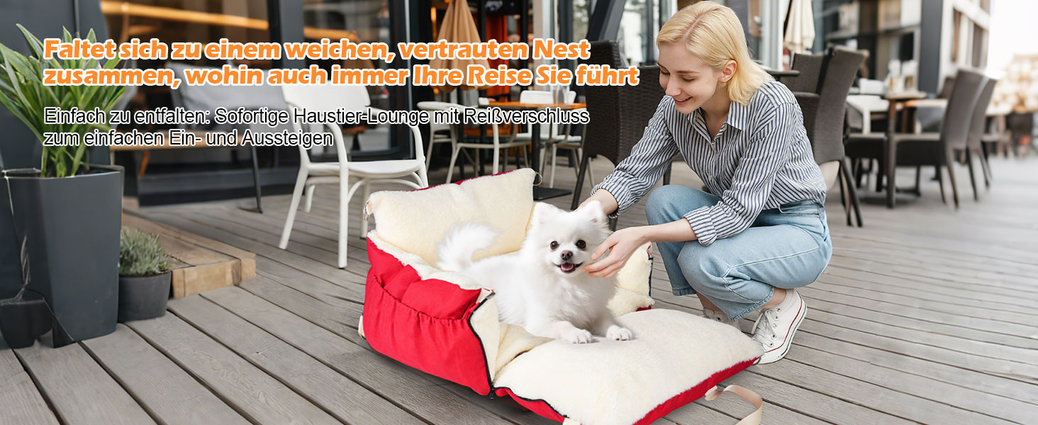 Автокрісло для собак 3-в-1 - переносна ліжко для маленьких собак, з розширеною лежачою поверхнею та м'яким матрацом, для переднього або заднього сидіння, внутрішнє та зовнішнє використання (червоний)