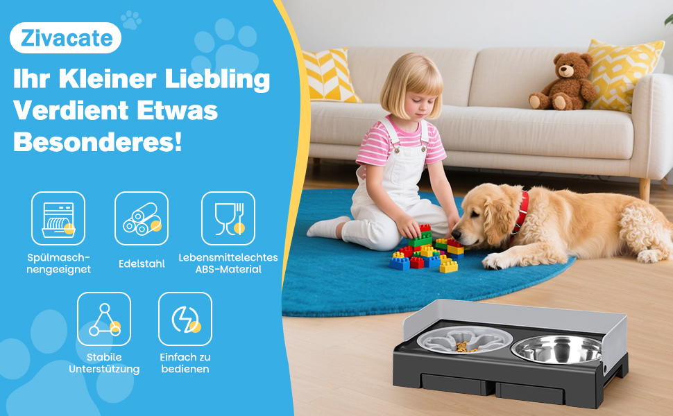 Підвищена годівниця для собак Zivacate, 6 рівнів регулювання висоти та нахилу, годівниця-станція, 2 миски з нержавіючої сталі, 1 миска для уповільнення годування, антиковзна, для середніх та великих собак