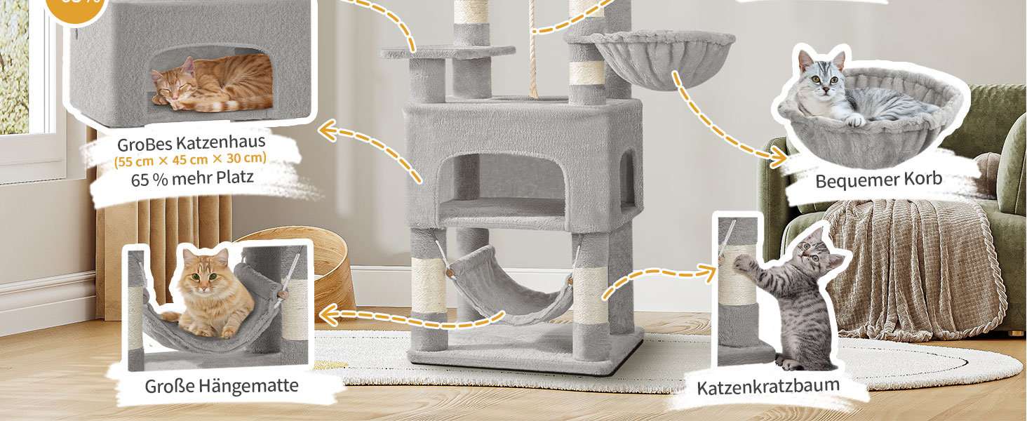 Кігтеточка для котів Hzuaneri, 176 см, XL, 3 платформи, 2 печери, 7 стовпчиків, гамак, плюшеві кульки, для багатокотових сімей, MS17618SG (Світло-сірий)