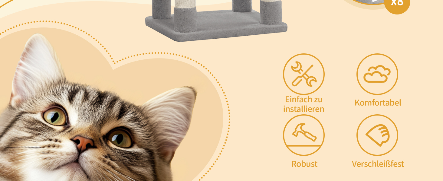 Кігтеточка для котів Hzuaneri, 159 см, з 8 стовпчиками, 3 платформами, 2 ховалами, корзиною, плюшевими кульками, мотузкою з сизалю, підходить для котів різних розмірів, MS15918LG (XL, світло-сірий)