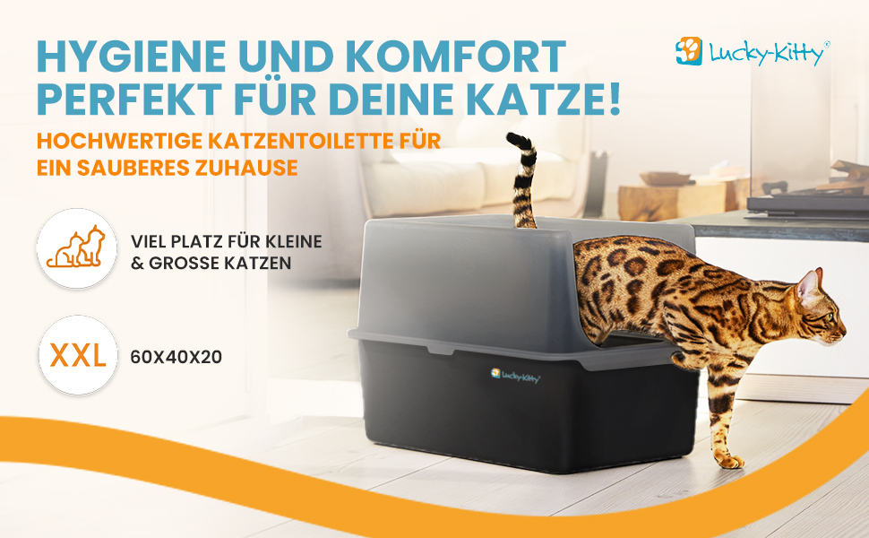 Котлочистка Lucky-Kitty Edelstahl 60x40x20 см з кришкою | XXL, не пропускає запахи, чорна | Котлочистка для котів, не витікає