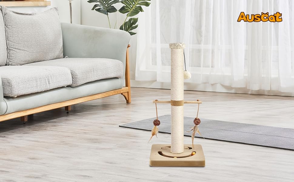 Котячий кігтеточильний стовпчик AUSCAT з інтерактивними іграшками, 63 см, бежевий
