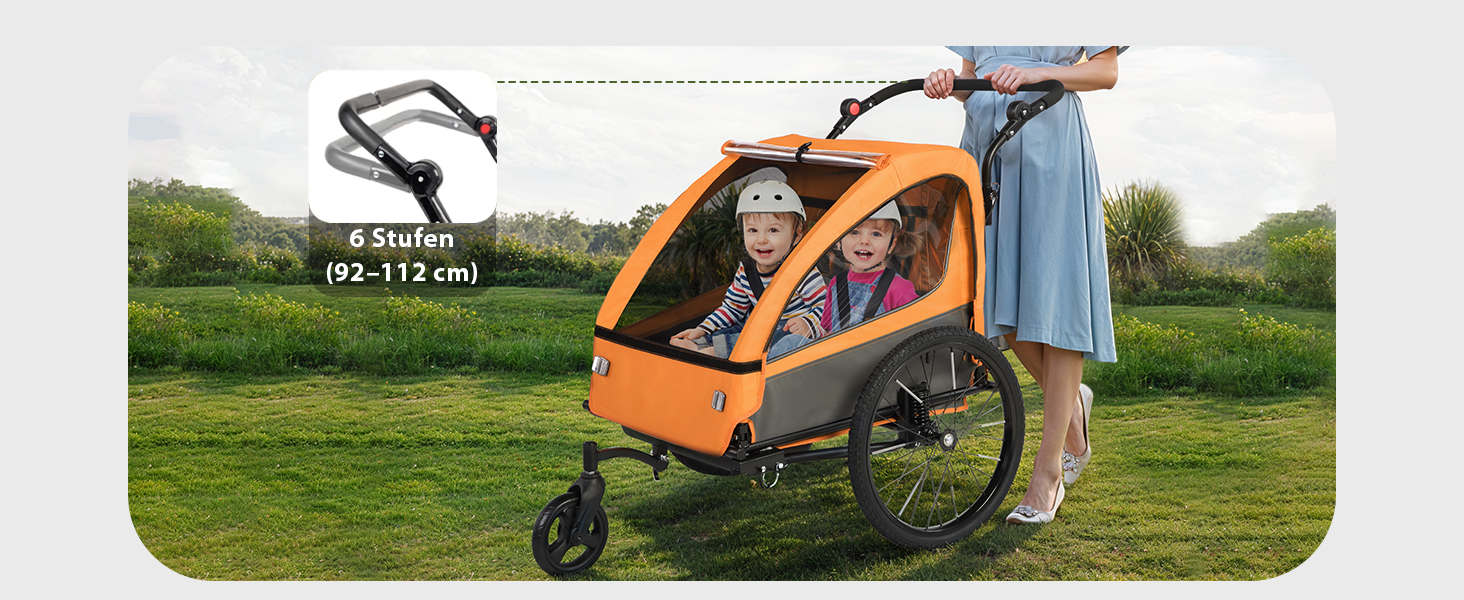 Дитячий велопричіп 2в1 з функцією коляски та бігуна, амортизація, регульована ручка-штовхач та гальма, для 1-2 дітей, до 40 кг (Помаранчевий)