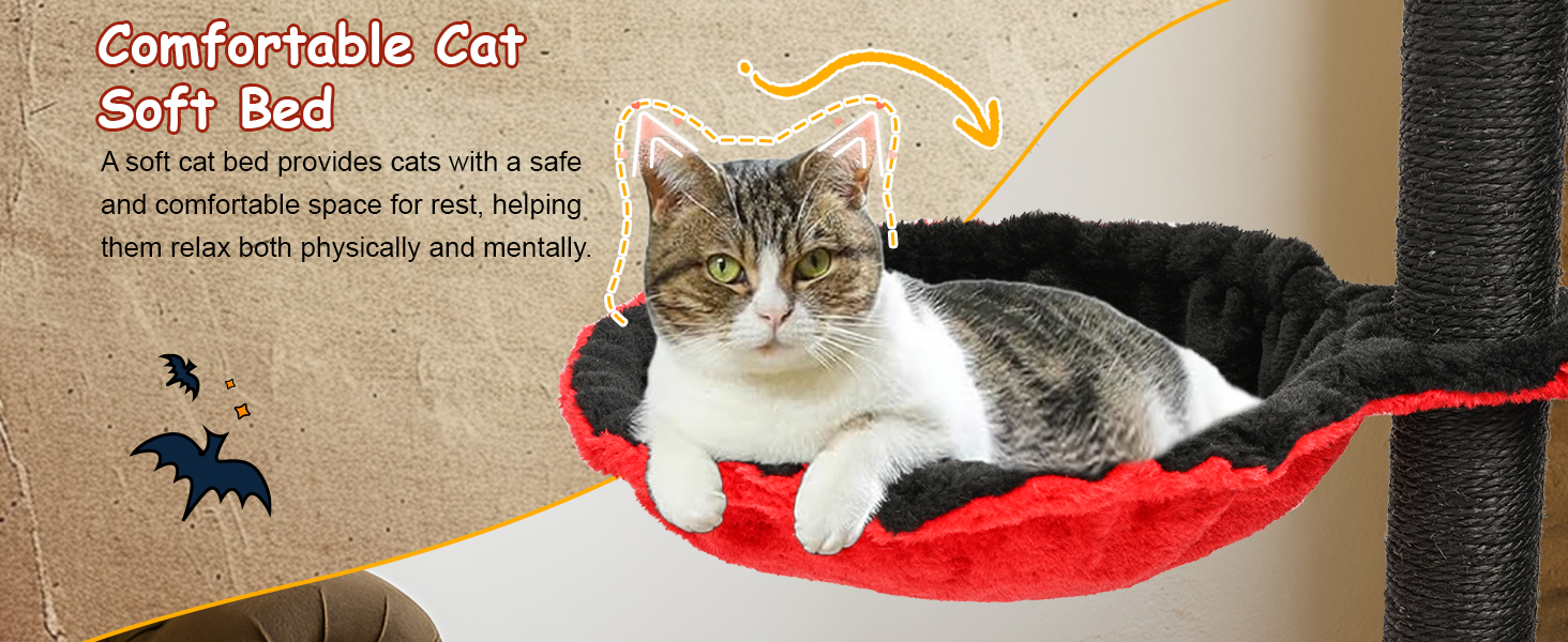 Котячий комплекс Gothic Halloween: стійка кімната з ліжком, будиночком та когтеточками, 84.5 см (Чорний/Червоний)