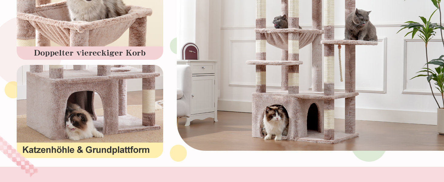 Кігтеточка Heybly Kratzbaum 180 см: велика, стійка, з будиночком, гамаками, для мейн-кунів та інших великих котів, коричнево-бежева