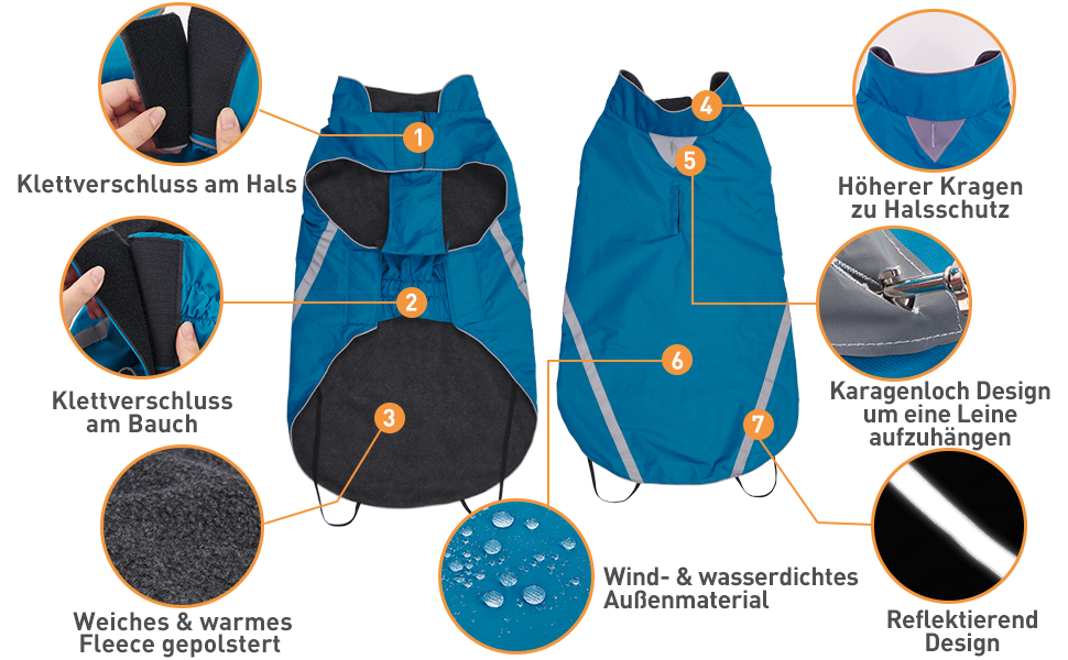 Водонепроникний собачий дощовик/куртка з отвором для коміра, на липучках, з флісовою підкладкою, зі світловідбиваючими елементами, зимовий, для великих та середніх собак, 4XL (4XL (1-пак), Синій)