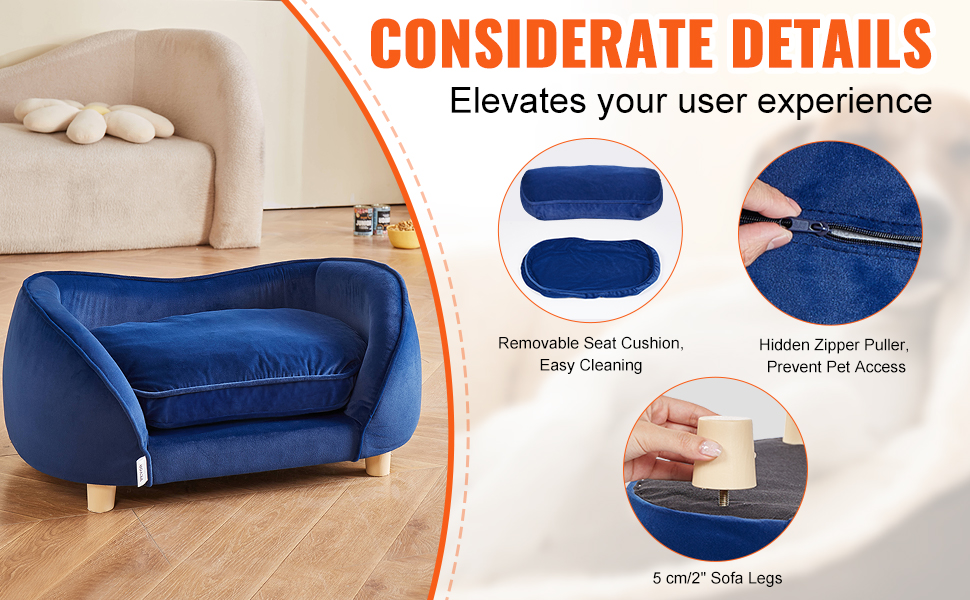 Крісло-лежанка для домашніх тварин VEVOR, лежанка для собак та котів середнього розміру, м'яка велюрова лежанка для собак, крісло для котів, що витримує до 37 кг, лежанка для домашніх тварин, темно-синій колір, розмір L (71 x 51 x 11 см)