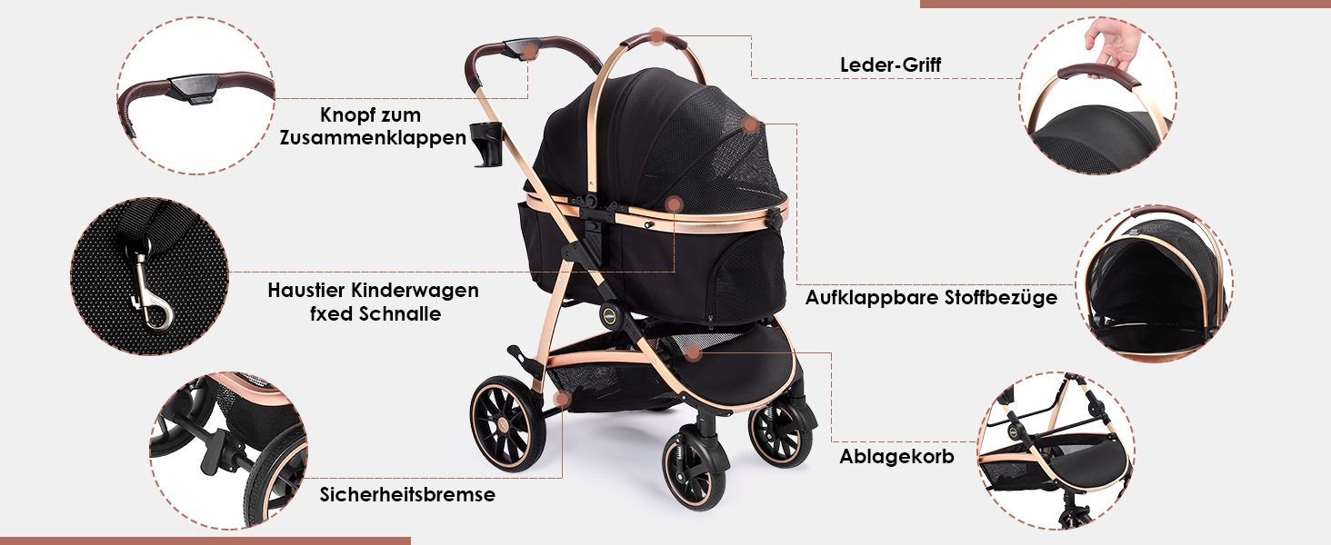 Візок для собак DAISTERN, чорний, до 25 кг, 4-в-1, алюмінієвий, з поворотним колесом EVA та гальмом