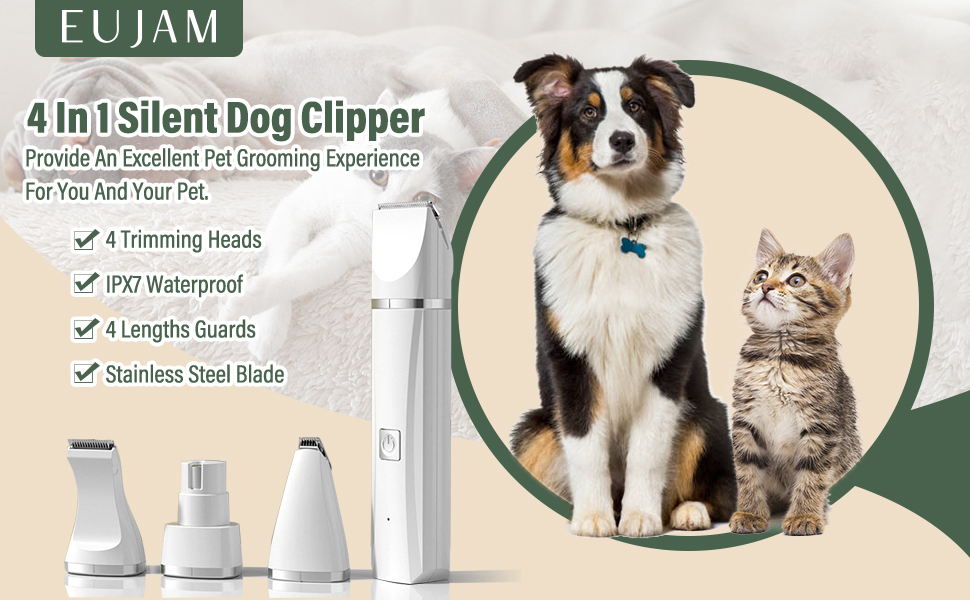 Машинка для стрижки собак EUJAM 4-в-1: професійна, миється (IPX7), для грумінгу лап, очей, вух та обличчя