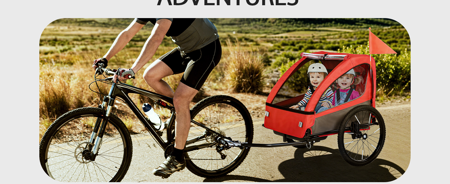 Дитячий велопричіп 2в1 з функцією візка та бігуна, амортизація, регульована ручка-штовхач та гальма, для 1-2 дітей до 40 кг (Червоний)