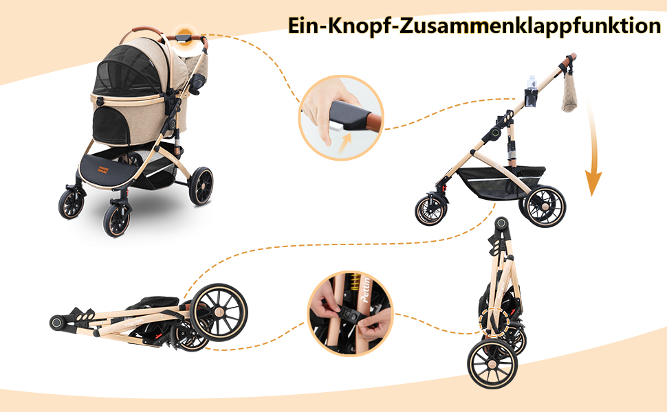 Візок для собак та котів 4-колісний, до 30 кг, для 2 котів, поворотні колеса, сітчасті вікна, 3-в-1 (Хакі, 39.8x77x102 см)