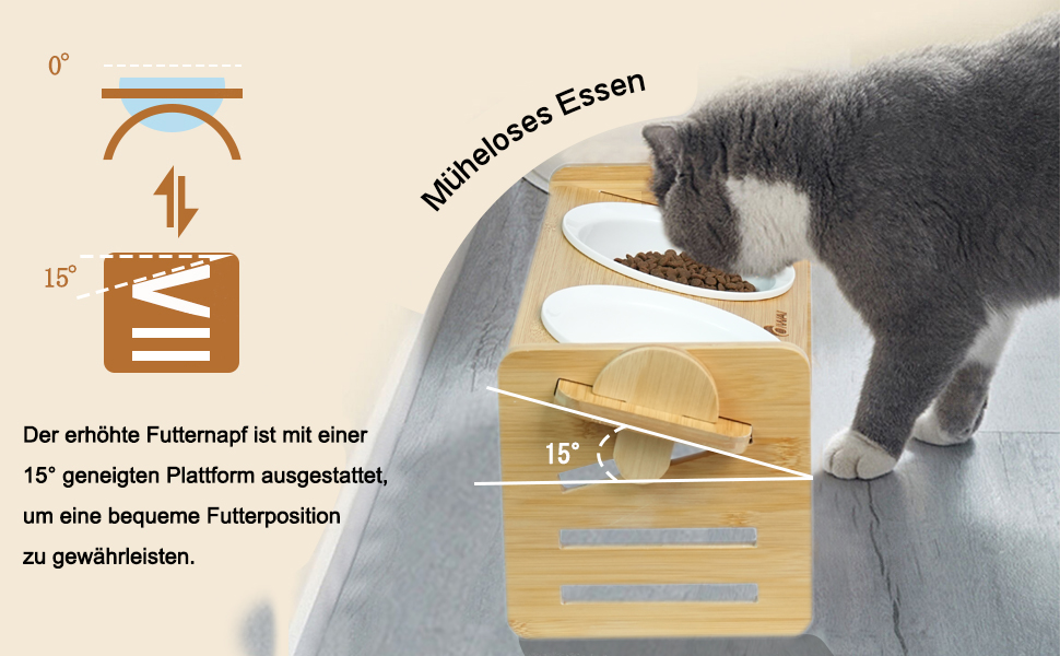 Підставка для корму для собак та котів, регульована висота, керамічна миска з бамбуковим підставкою, нахилена платформа для котів та маленьких собак (40*16)