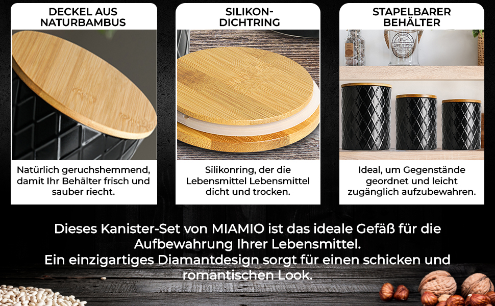 Набір з 3 вазок для зберігання Miamio Palmanova, кераміка з дерев'яним кришкою, білий та чорний кольори