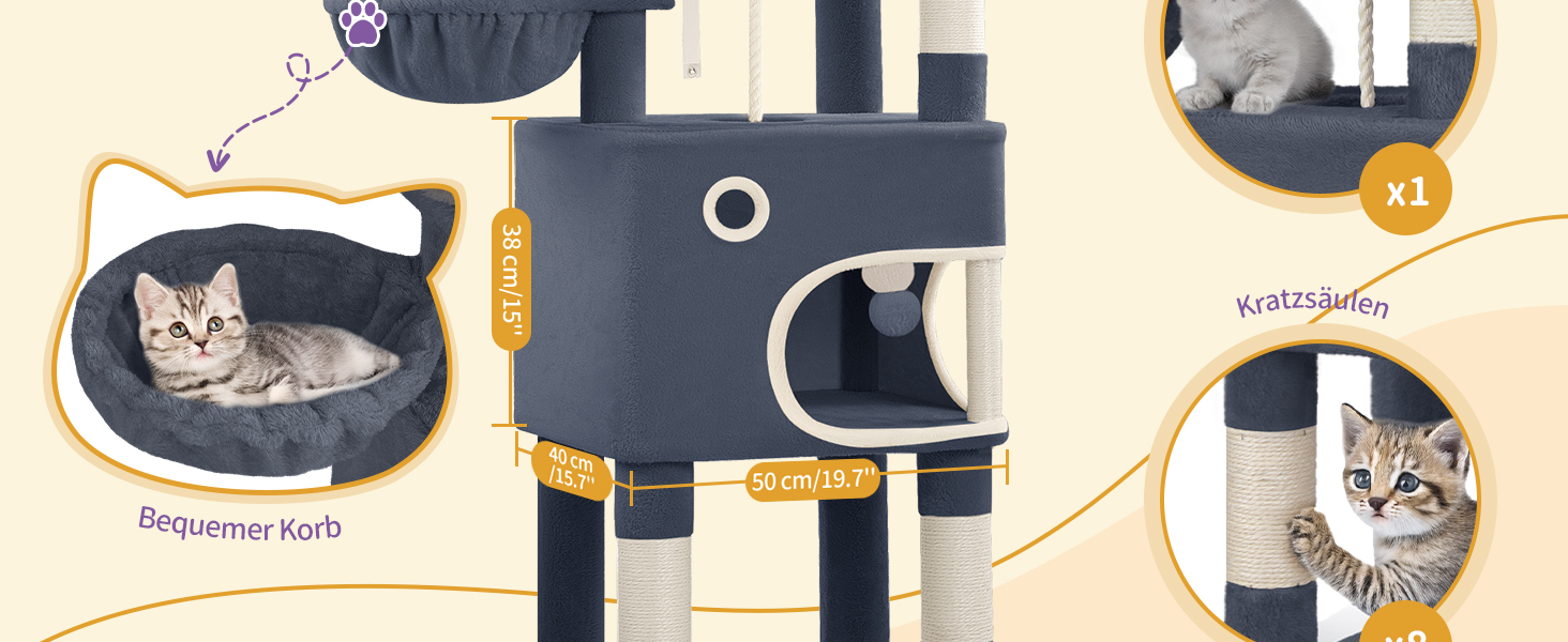 Драбина-кіготь для котів Hzuaneri, 159 см, з 8 кігтеточок, 3 платформ, 2 будиночків, кошиком, плюшевими кульками, мотузкою з сизалю, підходить для котів різних розмірів, MS15918LG (XL, темно-сірий)