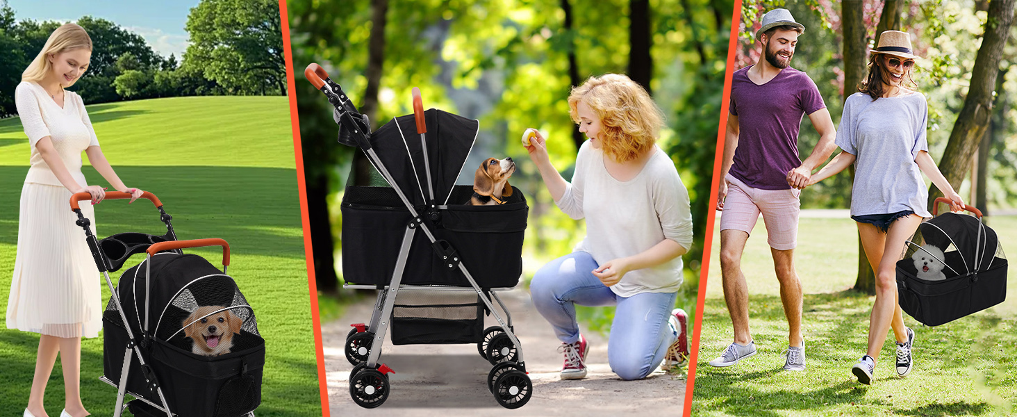 Візок для собак 3 в 1, до 20 кг, складний, з колесами, кошиком, сіткою, тримачем для напоїв, регульованою ручкою, для собак та котів