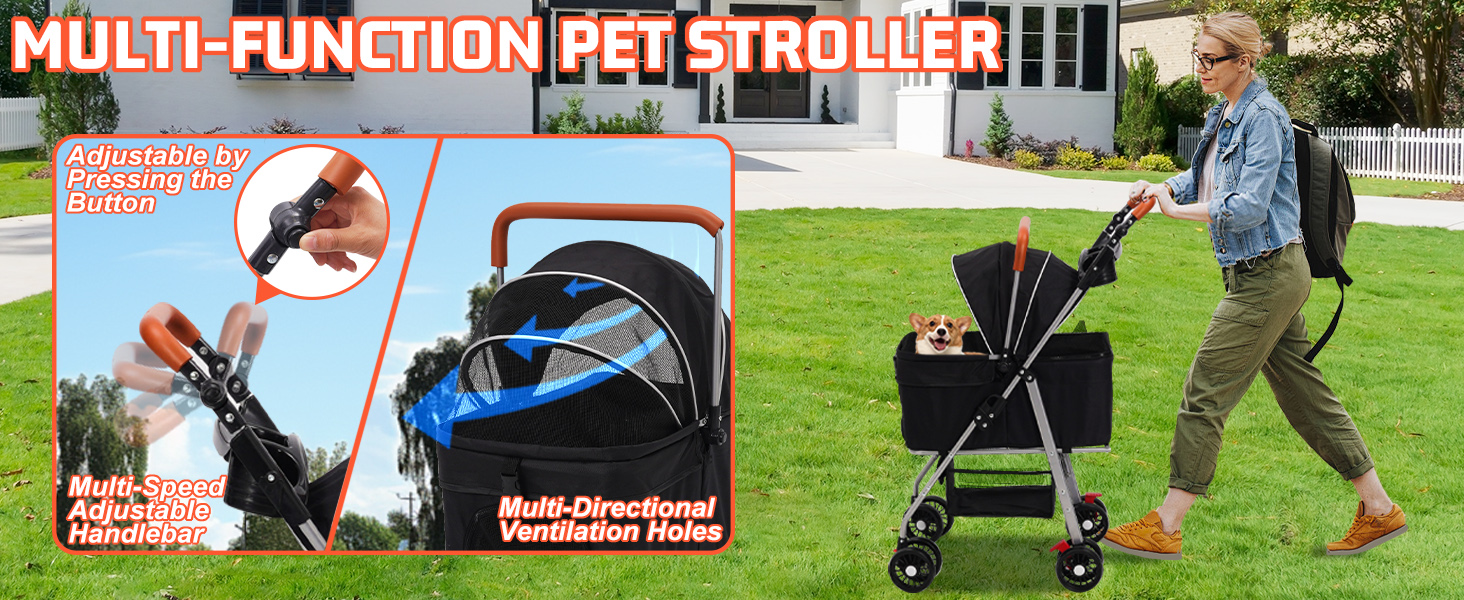 Візок для собак 3 в 1, до 20 кг, складний, з колесами, кошиком, сіткою, тримачем для напоїв, регульованою ручкою, для собак та котів