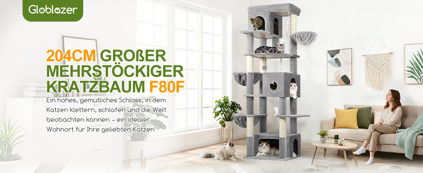 Драбина для котів Globlazer 204 см з 3 будиночками, 2 великими платформами, 3 м'якими кошиками, стабільна для 3-5 котів, для відпочинку, ігор та дряпання, сірий колір (XXL)
