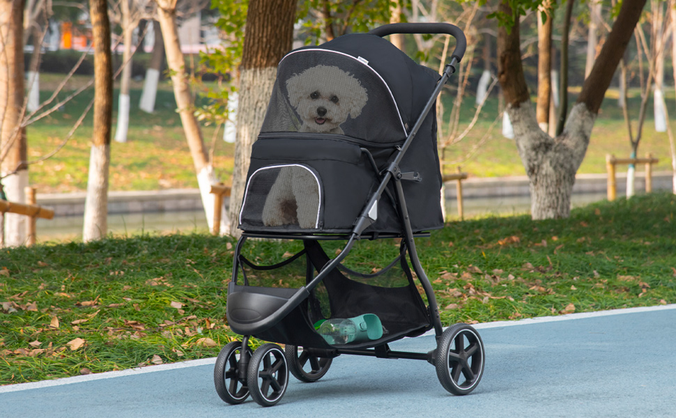 PawHut Buggy для собак та котів, чорний, 83x55x101 см, складна конструкція, EVA колеса, регульований кермо, корзина
