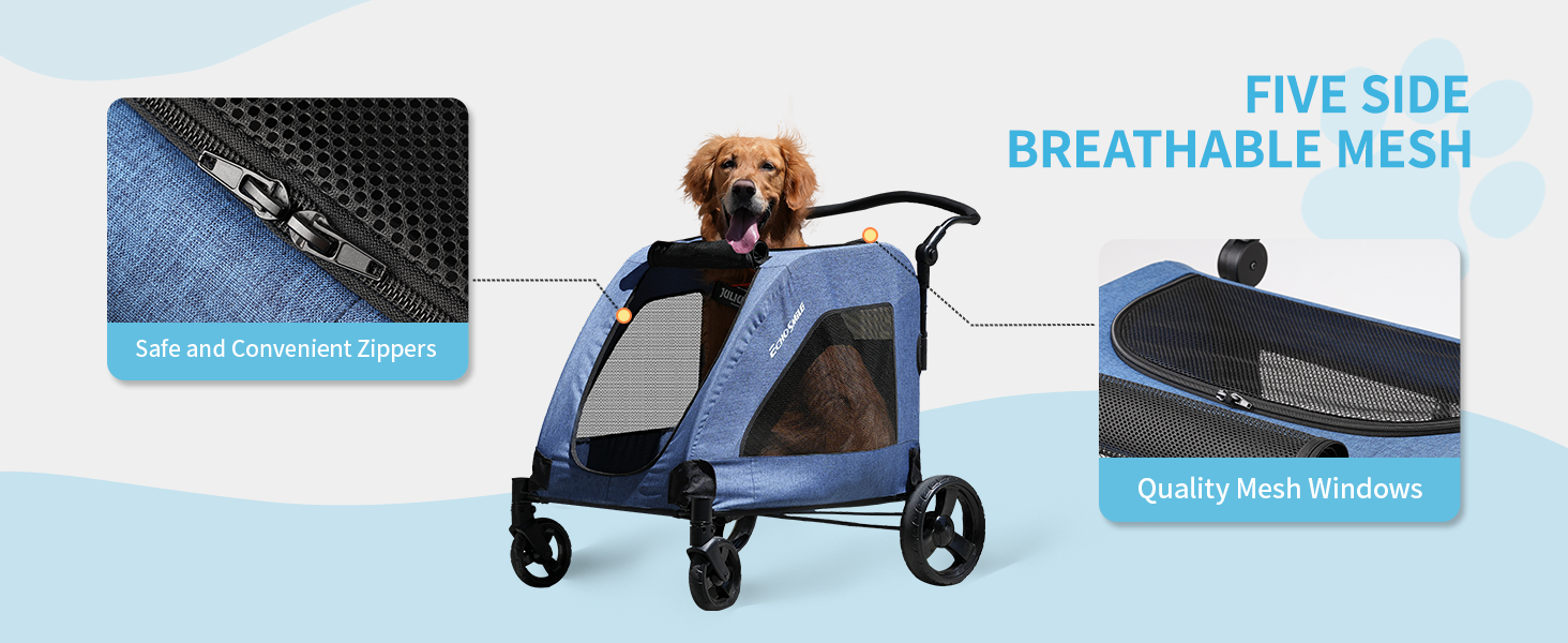 Візок для собак EchoSmile, середній та великий розмір, до 70 кг, складаний, з сітковими вікнами, регульована ручка, 4 проходимі колеса (блакитний)