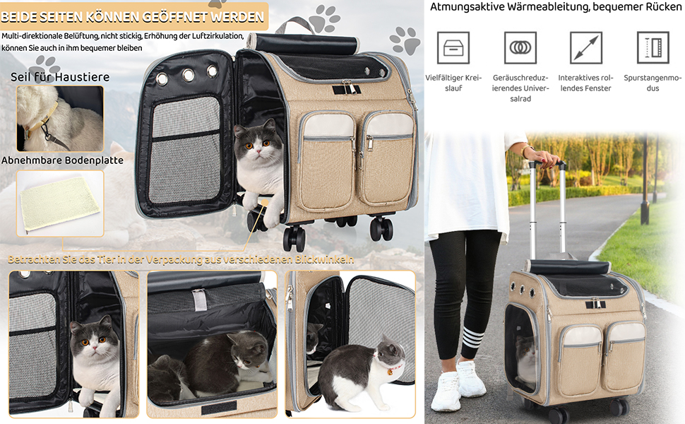 Рюкзак-переноска для кота OUUTMEE з візком, до 20 кг, велика, дихаюча, бежева