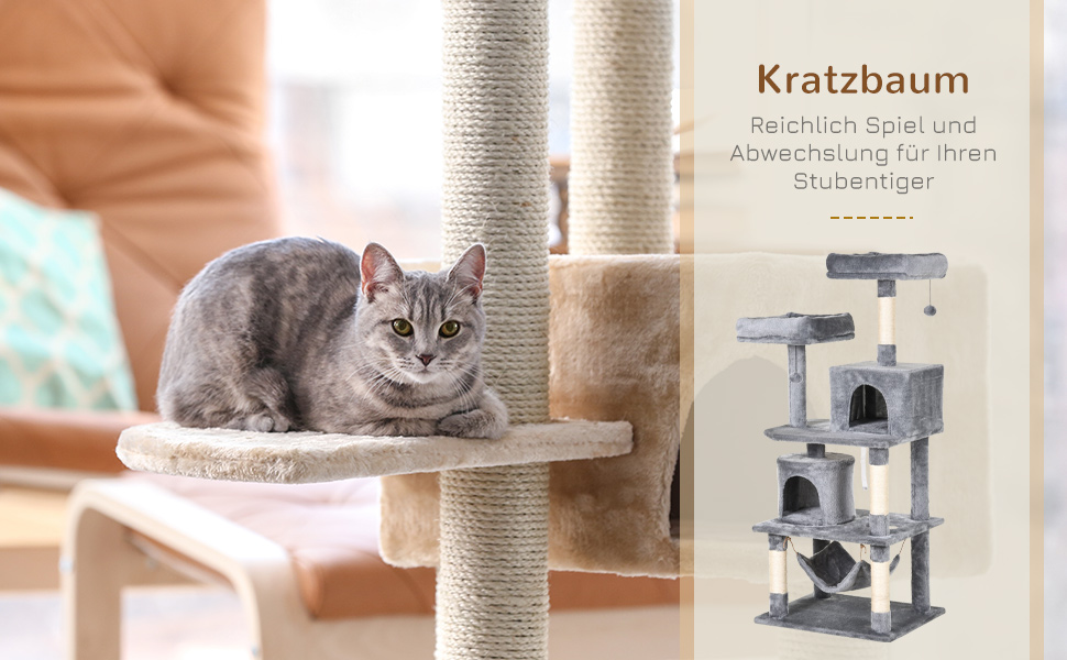 Дерево для котів PawHut 145 см, з гамаком і будиночком, котячий комплекс з сизалевими стовпами, світло-сірий