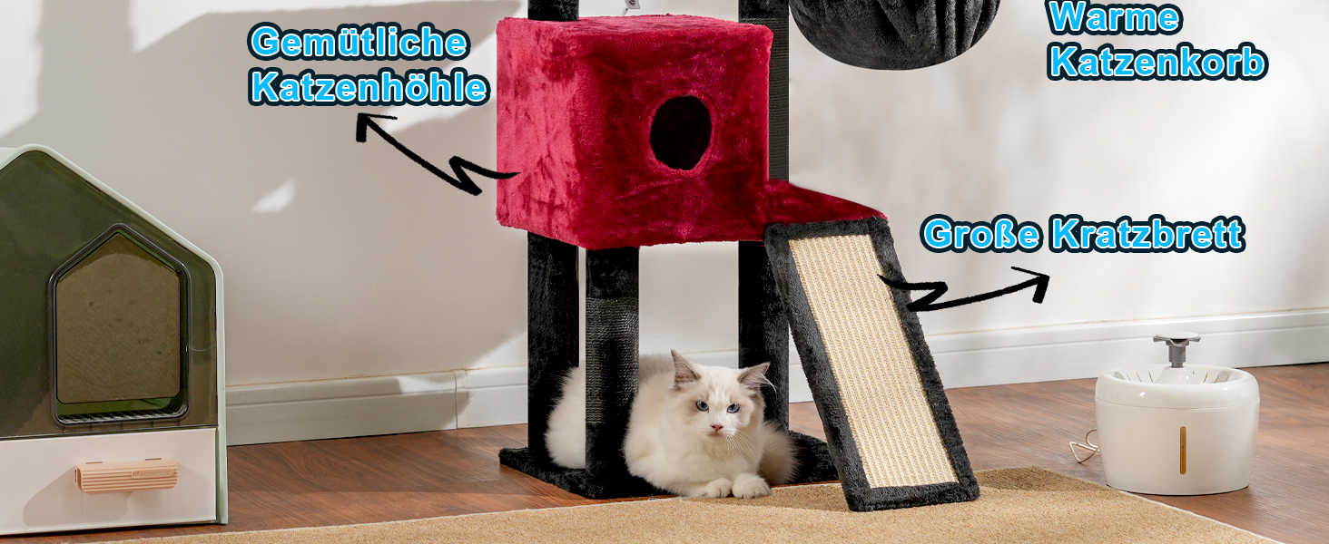 Котячий будиночок Hey-brother Kratzbaum 108 см: багатоповерховий котячий будиночок з подряпувальними стовпами, кошиком, просторим будиночком та іграшкою-помпоном, червоно-чорний MPJ007SBR