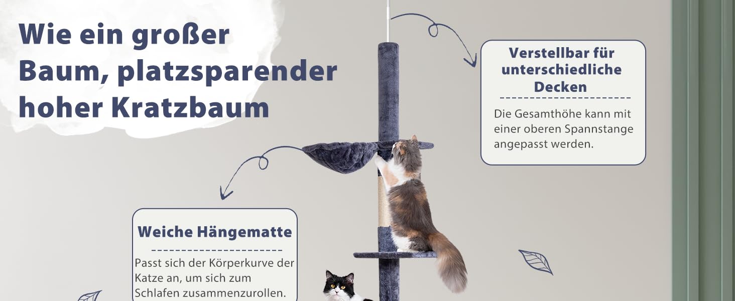 Кігтеточка NEGTTE з регулюванням висоти (230-275см) - кігтечочний комплекс з 2 кігтеточними стовпами, гамаком та будиночком. Вузька кігтеточка висотою для невеликих приміщень, система натягу стелі, страховий ремінь, темно-сірий колір