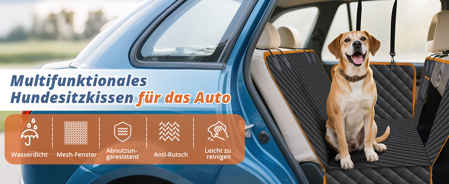 Водонепроникний килимок для собак у машину Heatail для заднього сидіння з боковими захисниками та сіткою, 135 x 148 см, чорний/помаранчевий