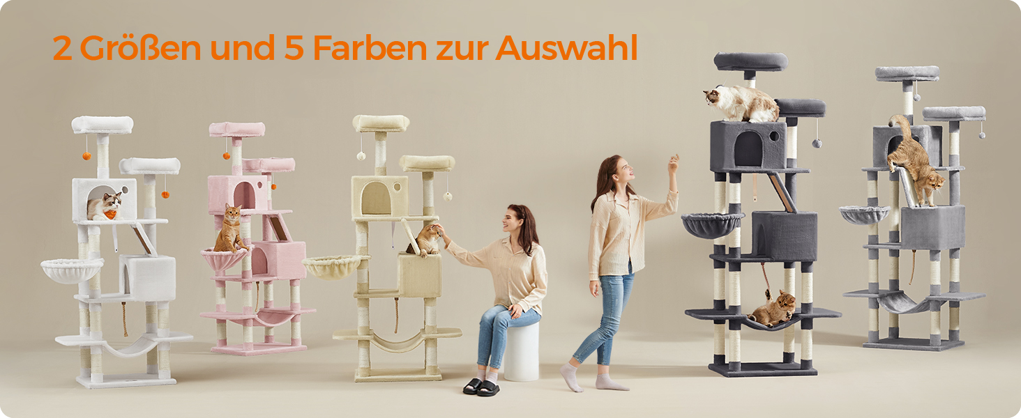 Комплекс для котів Feandrea Kratzbaum PCT165W01, 168 см, бежевий: 13 стовпчиків, 2 платформи, 2 печери, гамак, кошик, м'ячики