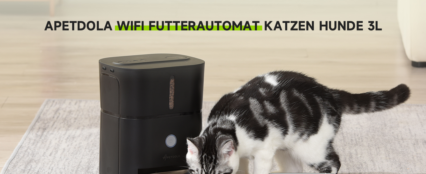 Автоматична годівниця для котів і собак APETDOLA 3L, з керуванням через додаток, сумісна з Wi-Fi 2.4GHz/5G, 10 порцій на день, два режими живлення, чорна