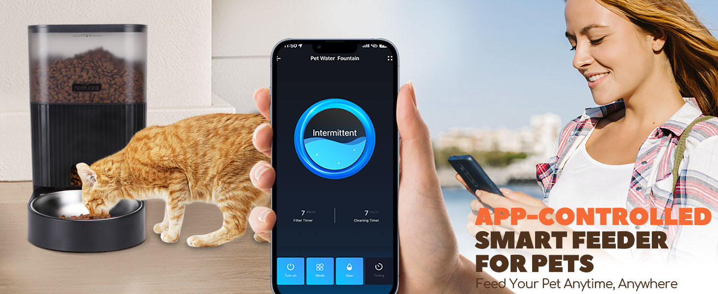 Автоматичний годівниця для котів та собак Nobleza з Wi-Fi, 4.2L, таймер, 10S запис голосу, 1-10 порцій, миска з нержавіючої сталі та пакетик силікагелю, чорний