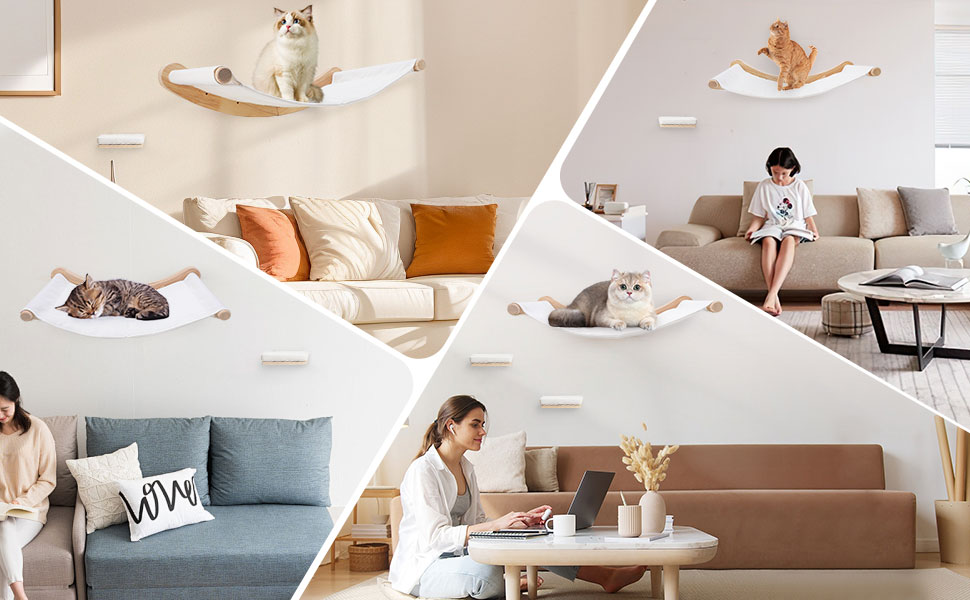Підвісна лежанка для котів на стіну, набір для лазіння з масиву дерева з котячою сходинкою - стійке котяче ліжко, економне котяче меблеве рішення для сну, лазіння та відпочинку (підвісна лежанка + 2 сходинки)