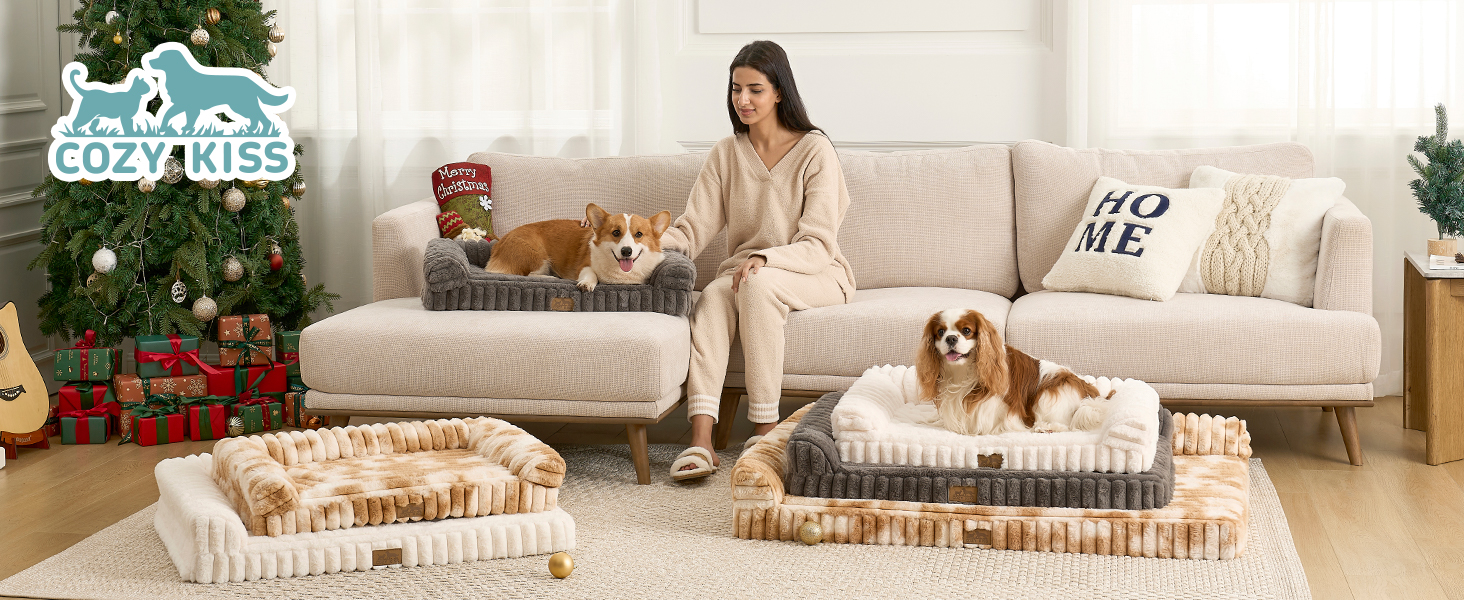 Ортопедичне ліжко для собак з штучним хутром, L-подібне, 76x51x15 см, Бежеве