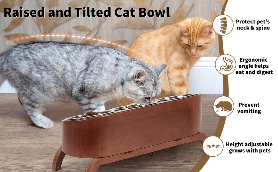 Набір мисок для котів JAZUIHA (3 шт.) з підняттям, ергономічні, 15° нахил, регульована висота, дерев'яний підставник, нержавіюча сталь Ø12 см, темно-коричневий
