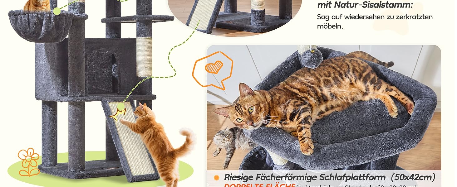 Котячий комплекс Taoqimiao 183 см XXL з будиночком, гамаком, когтеточками та великою платформою (темно-сірий)